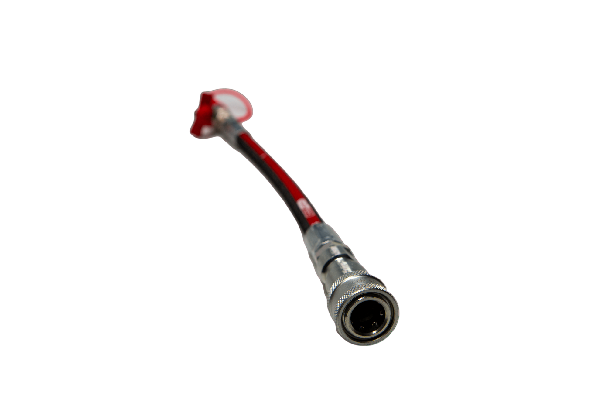 A small hydraulic hose with a red nozzle and redy hose body.