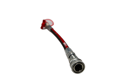 A small hydraulic hose with a red nozzle and redy hose body.
