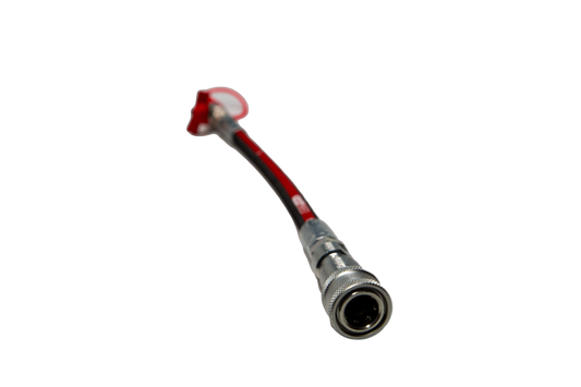 A small hydraulic hose with a red nozzle and redy hose body.
